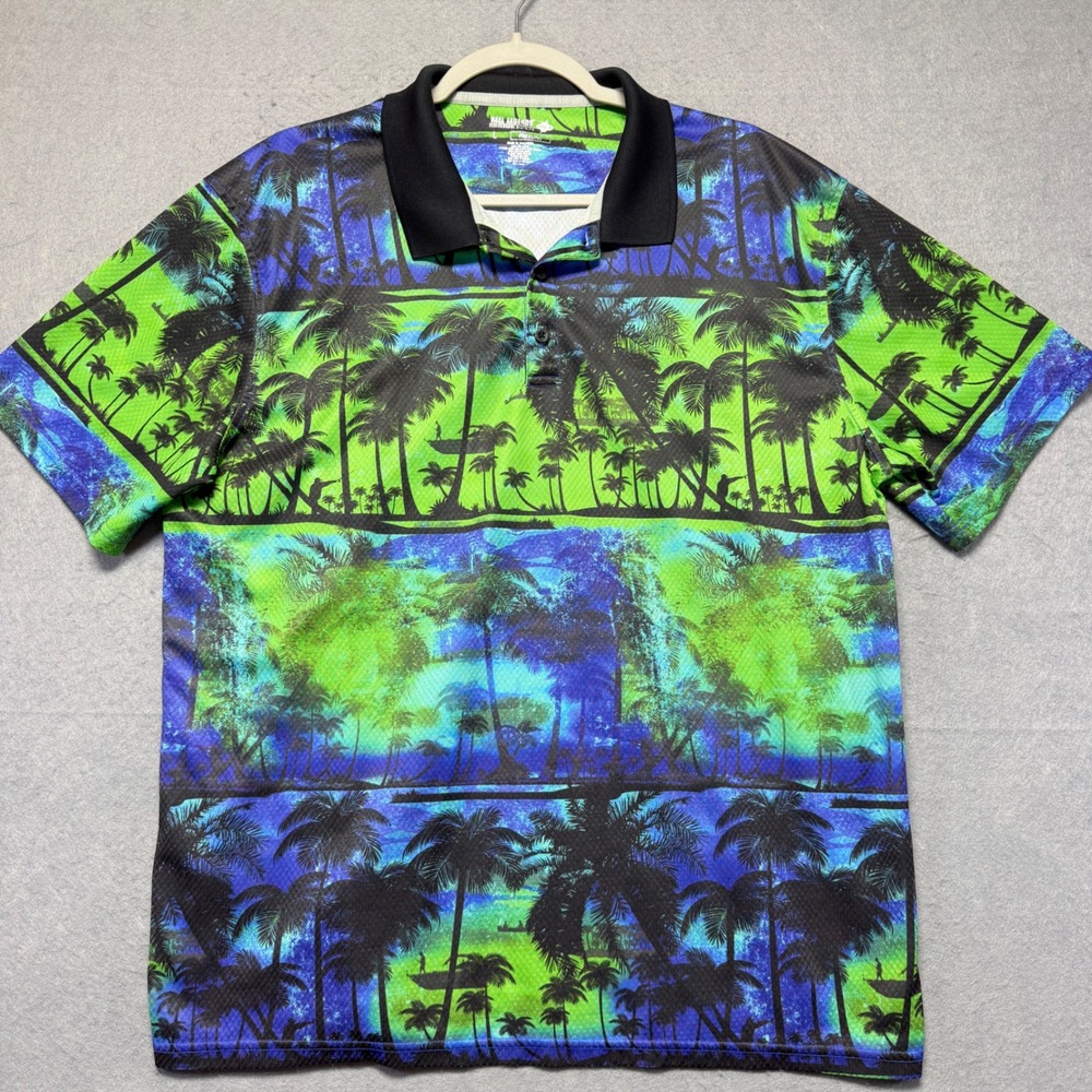 Reel Legends Freeline Mens Large Tropical Palm Tree Performance Polo Shirt Green